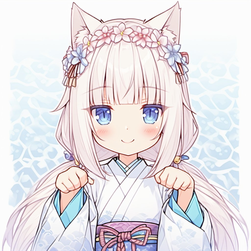 <lora:Hans-Nekopara-base-v2-000010:0.8>,nekopara,Vanilla_\(nekopara\), animal_ears, solo, japanese_clothes, cat_ears, blue_eyes, long_hair, flower, twintails, kimono, looking_at_viewer, white_hair, blush, miko, paw_pose, upper_body, hair_ornament, low_twintails, slit_pupils, hair_flower, wide_sleeves, bangs, blunt_bangs, head_wreath, ribbon, bell, smile, artist_name, holding