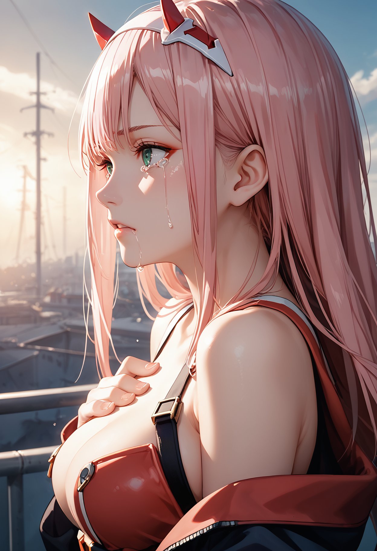 low light,darkness,zero_two_\(darling_in_the_franxx\),1girl,solo,large_breasts,from side,head up to the sky,tears,crying,hands on chest,, cinematic film still,score_9,score_8_up,score_7_up,masterpiece,best quality,perfect anatomy,very aesthetic,official art,8k,