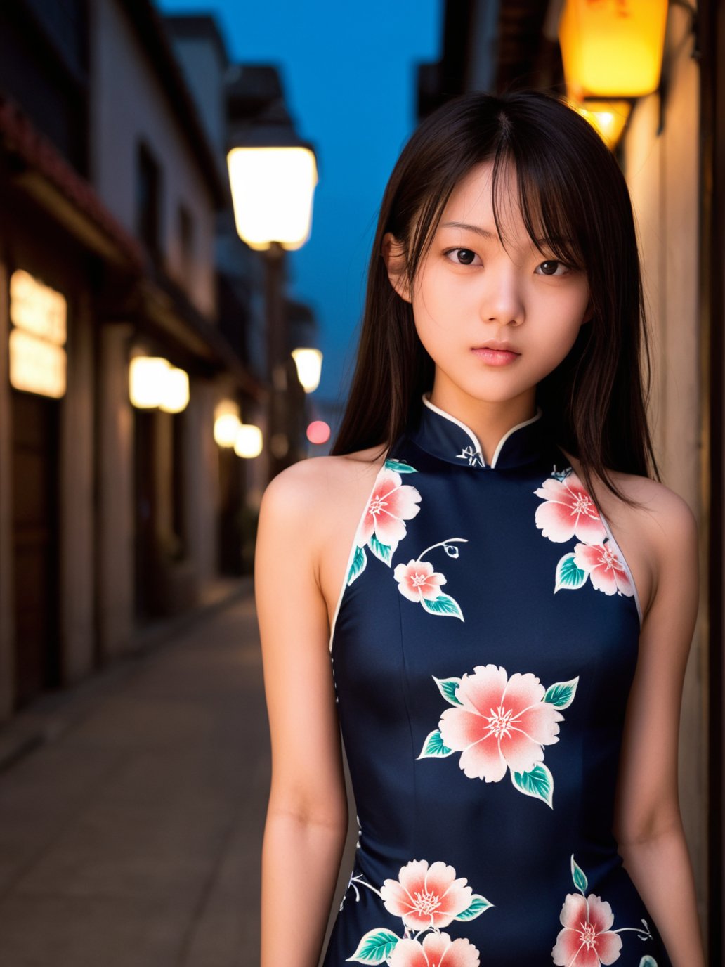 score_9,score_8_up,score_7_up,18 y.o chinese girl,Cinematic Lighting,narrow_waist,slender face,skinny,(street at night),with a focus on her face and upper body,prismatic colors,print_cheongsam,<lora:XZX-SDXL:0.9>,close-up,flat chest,