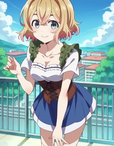 score_9, score_8_up, score_7_up, source_anime,maminanami, <lora:mami-nanami-s1-ponyxl-lora-nochekaiser:1>mami nanami, short hair, aqua eyes, blonde hair, hair between eyes,skirt, shirt, collarbone, white shirt, short sleeves, frills, shoes, socks, white socks, corset,outdoors, cityscape, smile, bent over,looking at viewer, dutch angle, cowboy shot