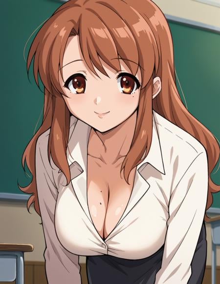 score_9, score_8_up, score_7_up, source_anime,mikuruasahina,  <lora:mikuru-asahina-s1-ponyxl-lora-nochekaiser:1>,mikuru asahina, long hair, brown hair, brown eyes,shirt, cleavage, jewelry, mole, bracelet, mole on breast, skirt, mature female, black skirt, collared shirt, long sleeves,indoors, classroom, bent over, smile,looking at viewer, dutch angle, cowboy shot, solo,