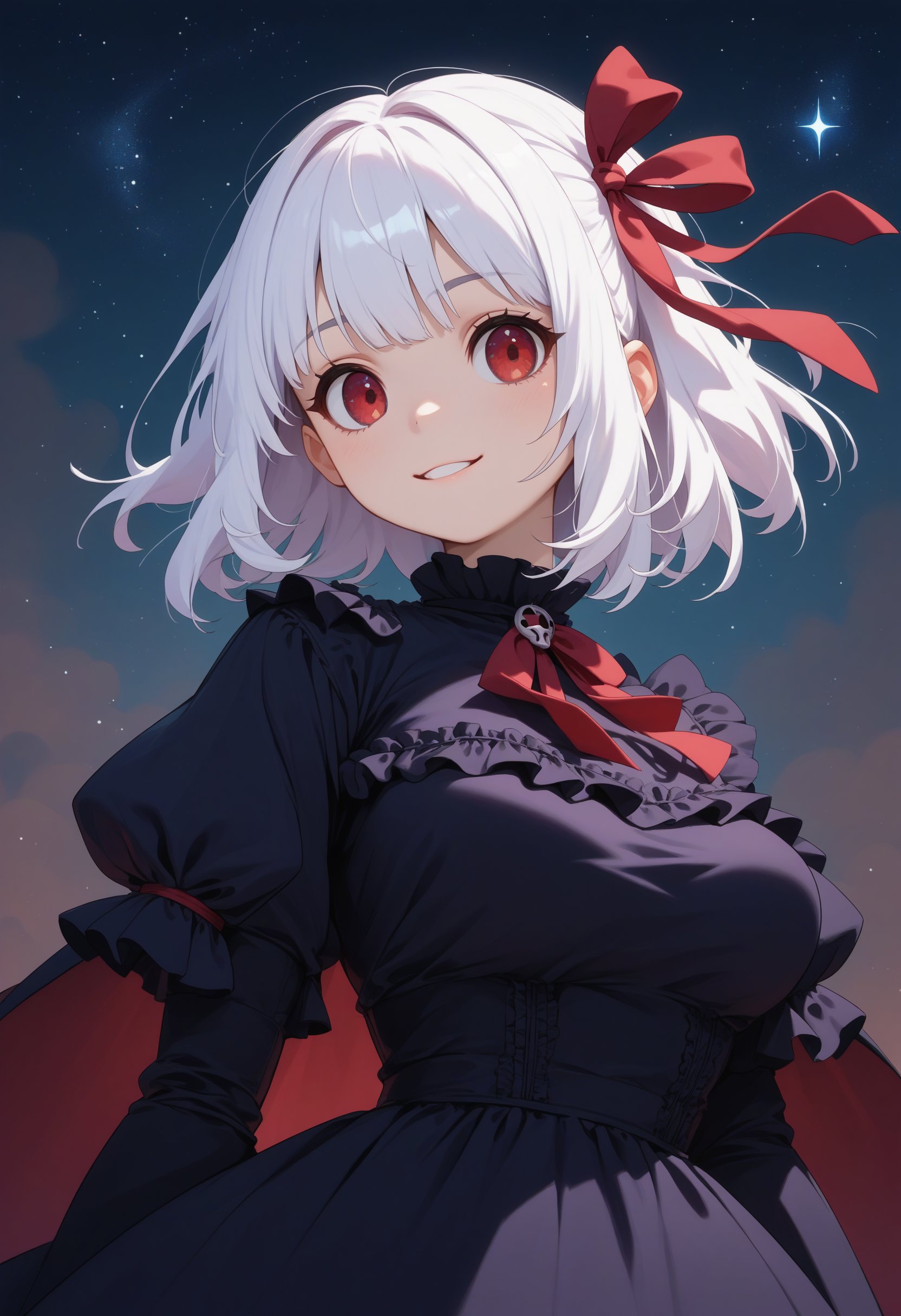 score_9, score_8_up, score_7_up, score_6_up, score_5_up, score_4_up, rating_safe, 1girl, upper body, large breasts, long velvet dress, hair ribbon, long white hair, gothic, slight smile, dark sky, undershirt, frilled sleeves, red eyes, starry night