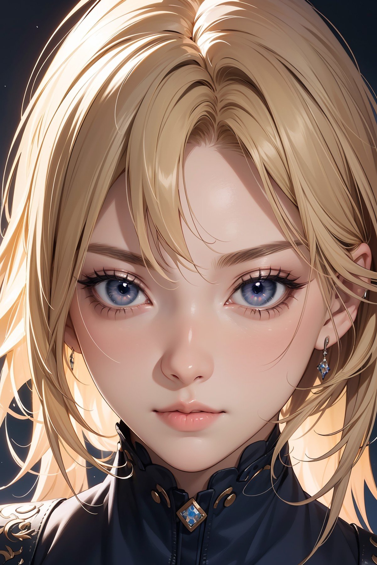 1girl, upper body, (masterpiece, best quality), RAW photo, 16k wallpaper, extremely detailed CG, amazing, ultra detailed, hyperrealistic, official art, High quality texture, incredibly absurdres, highres, 18 years old, cute girl, blonde hair, beautiful face, detailed dark indigo eyes