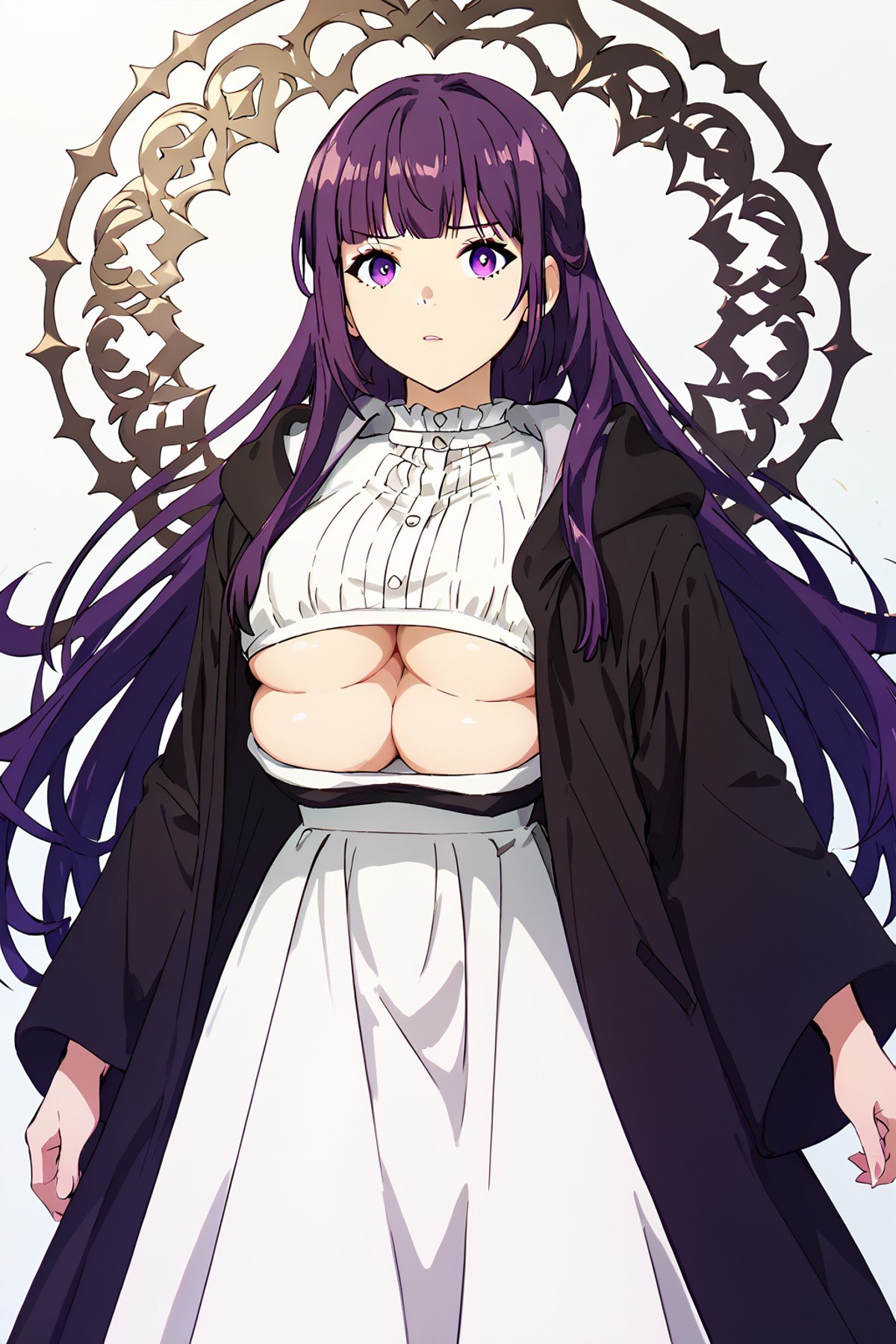 FernCasual, white dress, black robe, open clothes, hood, frilled collar <lora:HerrscherAGGA2024_Yukiko_Senzaki_4BREASTS-CONCEPT_PONY_V1:1>Yukiko Senzaki, Yukiko_Senzaki, Cosplay, multiple_breasts, 4_breasts <lora:SousouNoFrieren_FernXL:0.8> FernSSnF,purple hair, long hair, purple eyes, bright pupils, blunt bangs,large breasts,underboob, Score_9, Score_8_up, Score_7_up, Score_6_up, Score_5_up, Score_4_up, BREAK,1girl in full growth, best quality, masterpiece, ultra-detailed, high quality,good quality,1 girl,(master piece,high resolution, ultra detailed,8K,16K),look at viewer