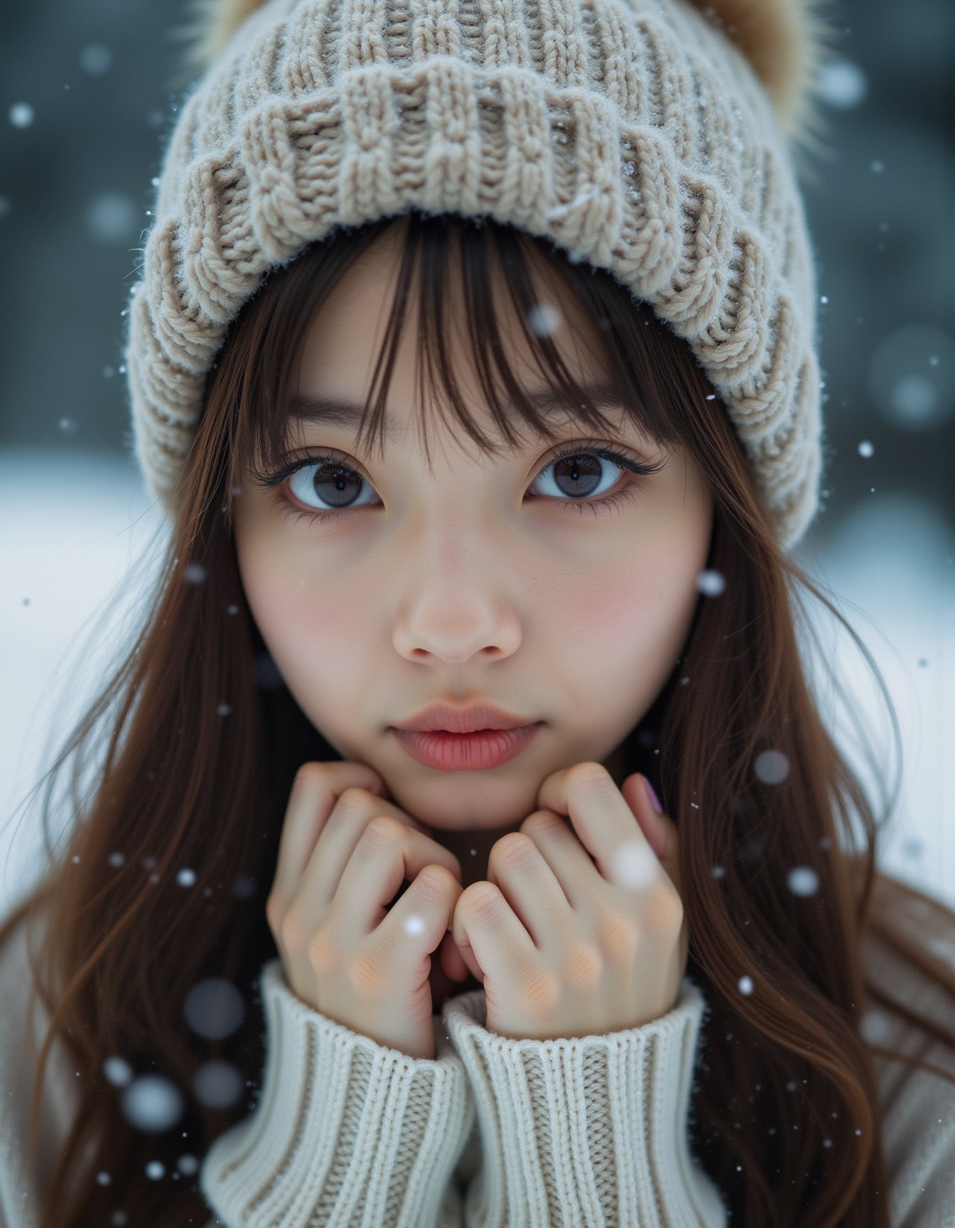 best quality, masterpiece, analogue photo of adult girl in sweater and sweater hat, looking at viewer, long hair, head shot, hold cheeks with hands, close-up, extremely beautiful detailed face, medium breasts, (cute face, temptations look), eye level, professional photo, high contrast exposure, soft bokeh, high key light, hard shadow, soft bokeh, snowing, snowing background, <lora:hinaFluxAsianMixLora_v2-rev4:0.8>