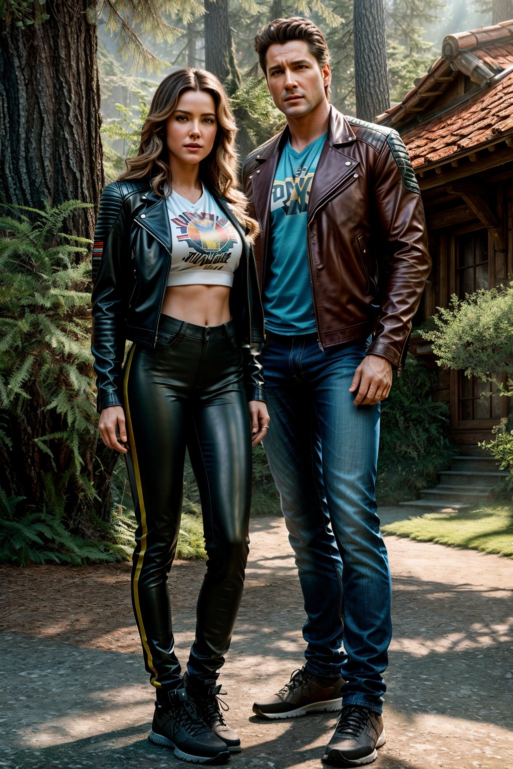 masterpiece of photorealism, photorealistic highly detailed professional 8k raw photography, best hyperrealistic quality, volumetric real-time lighting and shadows, Compose a stunning picture with a man and a woman as protagonists. The man should be wearing Retro 80s Workout Gear, the woman should be wearing Leather Moto Jacket, Graphic Tee, and Distressed Jeans, exuding the adventurous spirit and action of a Hollywood blockbuster. Place them in Fairy Tale Castles full of busy people. Capture the play of natural light, emphasizing their features and the beauty of the environment. The image should be taken from a Tracking Shot perspective