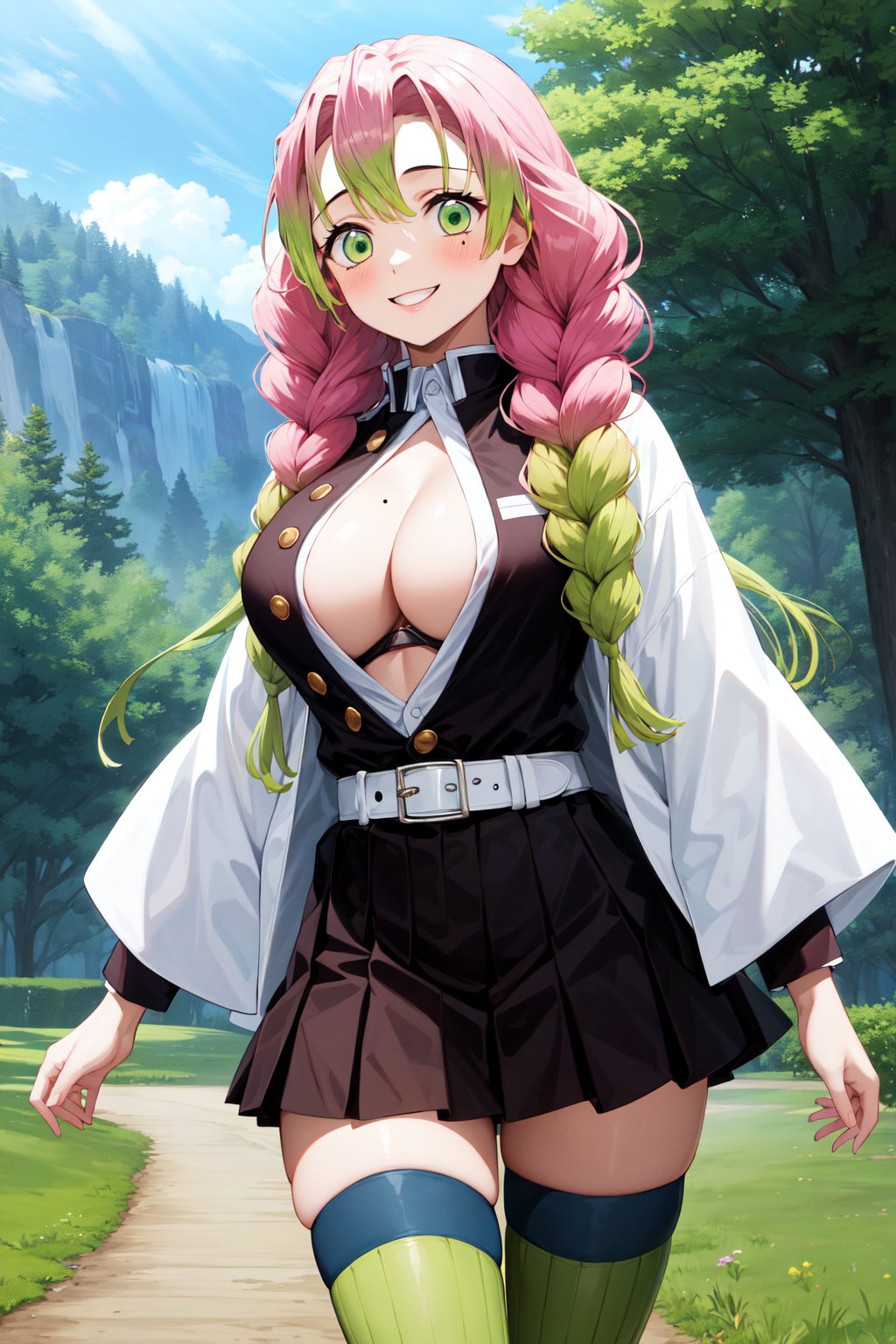 masterpiece, best quality, highres, aamitsuri, long hair, braid, multicolored hair, green eyes, mole under eye, large breasts, japanese clothes, cleavage, white jacket, haori, black shirt, open clothes, belt, pleated skirt, (black skirt:1.2), green thighhighs, ribbed legwear, <lora:kanroji_mitsuri_v1:0.7>, standing, cowboy shot, outdoors, smile