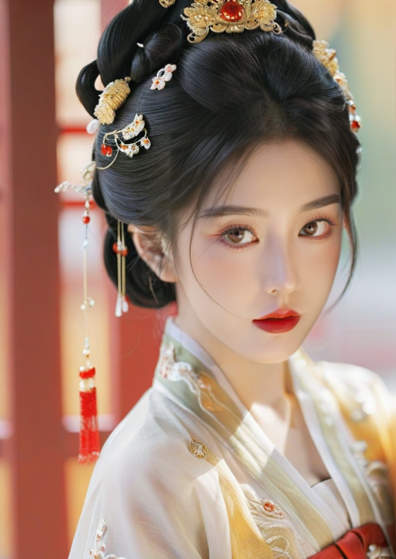 a female wearing a traditional Hanfu. She has a dark, intricately styled updo with a prominent golden ornament at the top. Her makeup is subtle, with a focus on her eyes, which are accentuated with red lipstick. The Hanfu she's wearing is vibrant red with golden patterns. The fabric appears to be of high quality, with a smooth texture and a slight sheen. The background is blurred, emphasizing the subject.,  <lora:zxx-hanfu:0.65>