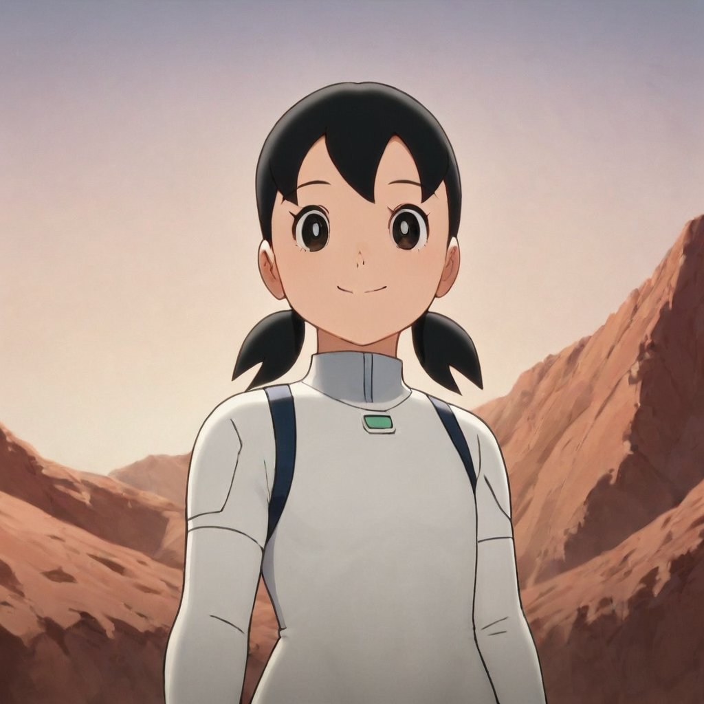 score_9, score_8_up, score_7_up, score_6_up, score_5_up, score_4_up, source_anime,minamoto shizuka, black hair, twintails, cowboy shot, 1girl, solo, smile, Girl in a spacesuit stepping onto the surface of Mars, Earth visible in the distance, vast red landscape, futuristic colony in the background, sense of wonder and exploration, epic sci-fi scene, hyper-realistic detail,masterpiece, perfect face, best quality, beautiful girl, cute girl, beautiful eyes, shiny eyes, anime coloring, anime screencap, absurdres, <lora:minamoto shizuka auti 903:0.8>