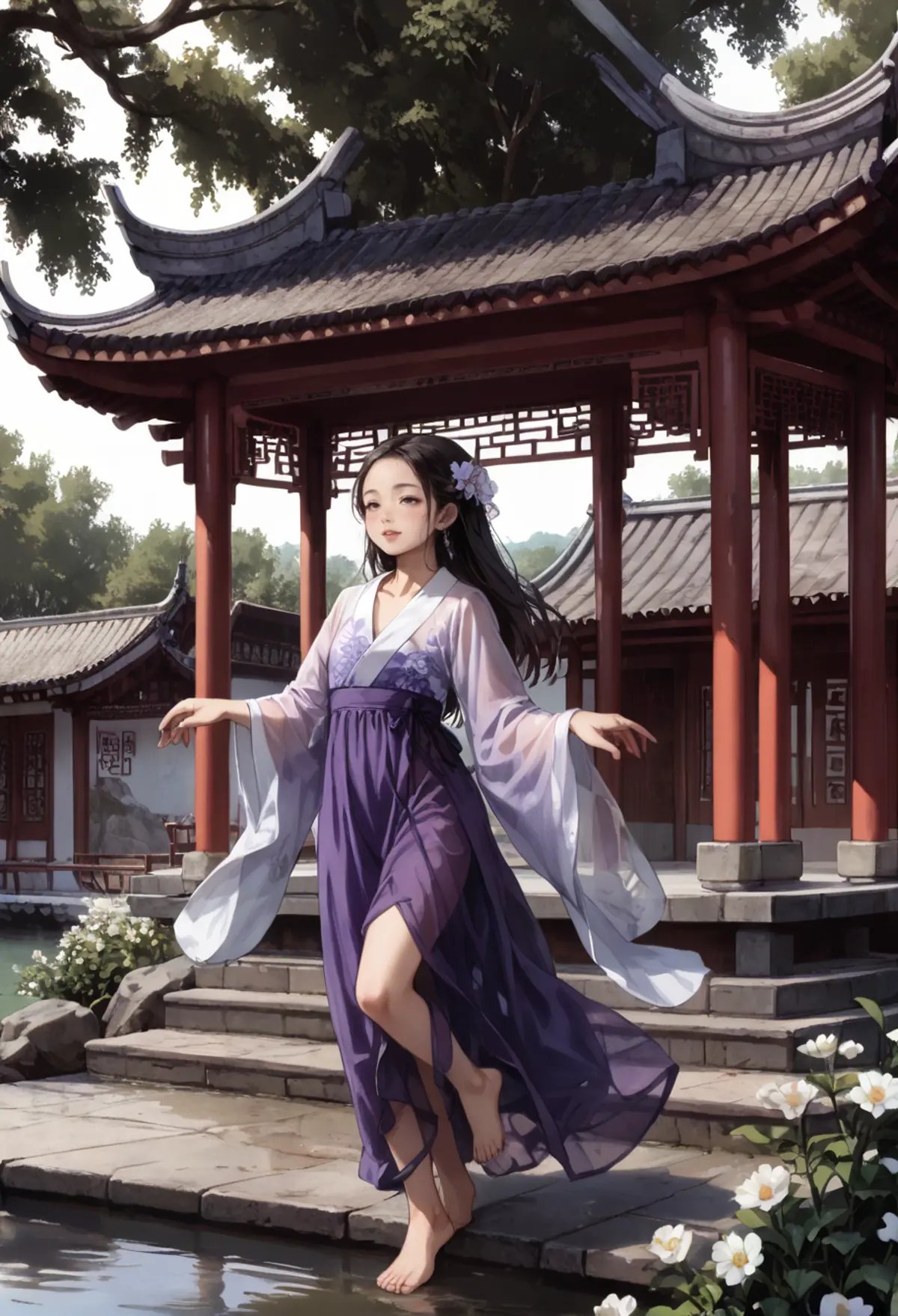 ,ruanyi0800,scenery,outdoors,east asian architecture,barefoot,dancing,flower,tree,water,,ruanyi0752,hanfu,purple dress,see-through,wide sleeves,<lora:0800 Chinese courtyard_v1_pony:1>,<lora:0752 Wisteria butterfly hanfu_v1_pony:0.8>, score_9,score_8_up,score_7_up,,8k,1girl,solo,,