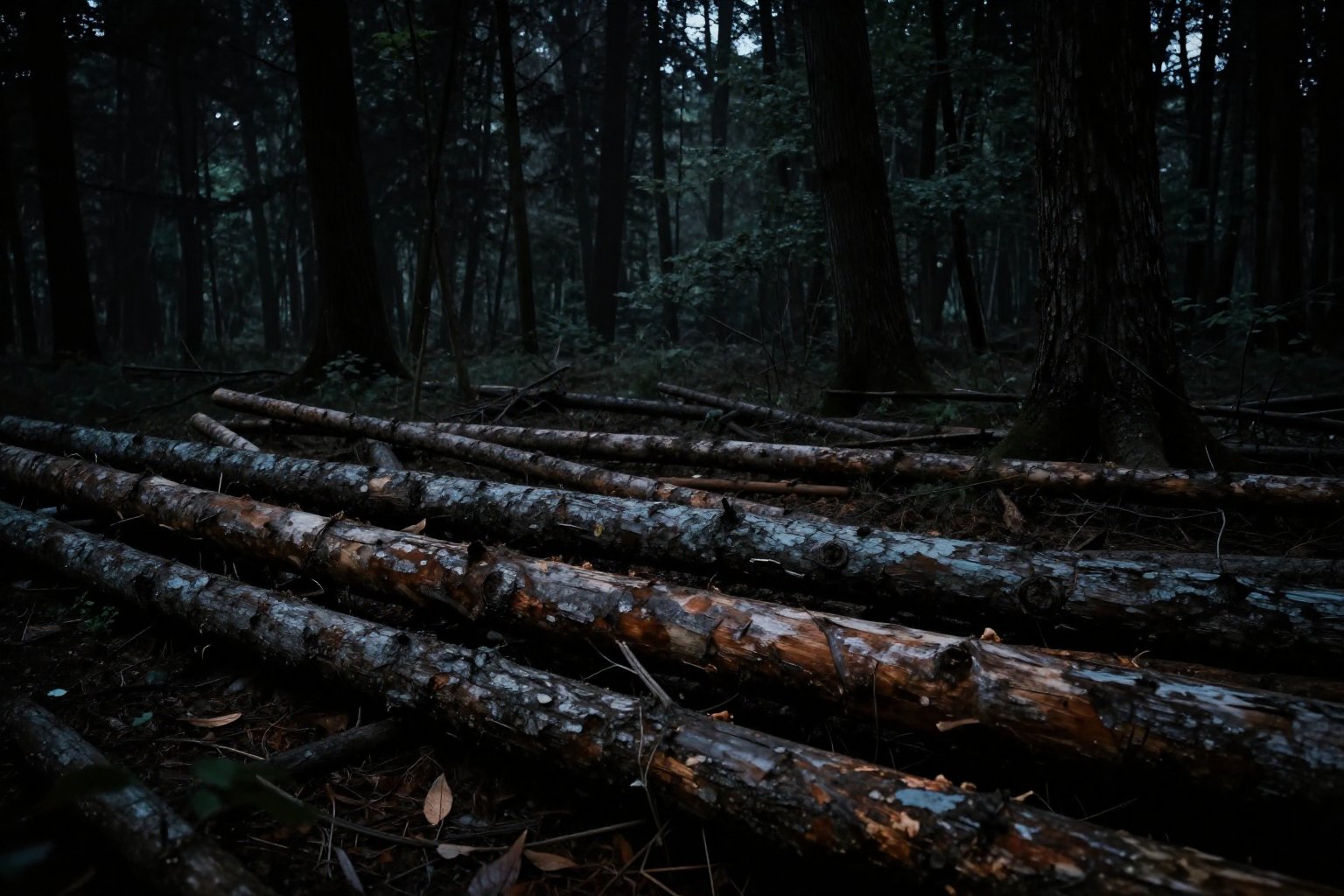 Dark Moody Atmosphere,  Photorealistic:1 Dark Chiaroscuro Lighting Style cinematic film style a forest with a lot of logs...
