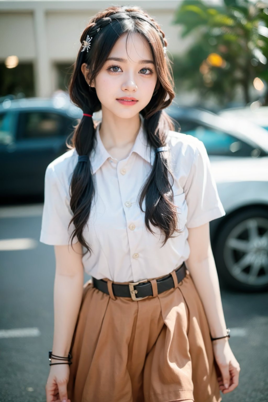 1girl,  (RAW photo,  best quality),  looking at viewer,  long hair,  twintails,  messy hair,  small breast,  smiling,  wearing the sm4c3w3k,  collared shirt,  short sleeves,  skirt,  pocket,  shallow depth of field,  vignette,  highly detailed,  high budget Hollywood movie,  bokeh,  cinemascope,  moody,  epic,  gorgeous,  film grain,  grainy . 35mm photograph,  film,  bokeh,  professional,  4k,  highly detailed, <lora:EMS-15359-EMS:0.800000>, , <lora:EMS-30953-EMS:0.800000>