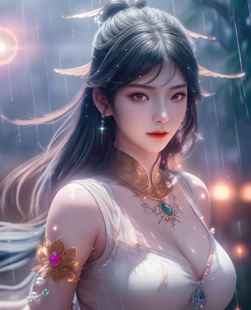 <lora:斗罗大陆-唐舞桐-海神缘:0.8> (,1girl, ,best quality, ),looking at viewer,  ,,ultra detailed 8k cg, ultra detailed background ,ultra realistic 8k cg,          cinematic lighting, cinematic bloom, (( , )),,  , unreal, science fiction,  luxury, jewelry, diamond, pearl, gem, sapphire, ruby, emerald, intricate detail, delicate pattern, charming, alluring, seductive, erotic, enchanting, hair ornament, necklace, earrings, bracelet, armlet,halo,masterpiece, (( , )),, realistic,science fiction,mole,   ,cherry blossoms,,(((Best quality, masterpiece, ultra high res, (photorealistic:1.4), raw photo, 1girl, ,rain, , sunlight, sunset, qianqiu wanxia,     )))  (cleavage), (),