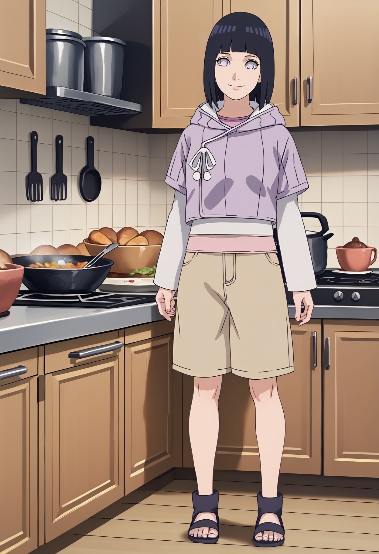 score_9, score_8_up, source_anime, hinata_boru, 1girl, black hair, short hair, blunt bangs, hood down, hoodie, layered sleeves, beige shorts,  looking at viewer,  smile, kitchen background, detailed kitchen, light fixtures, full body,  <lora:HinataXLv7:1>