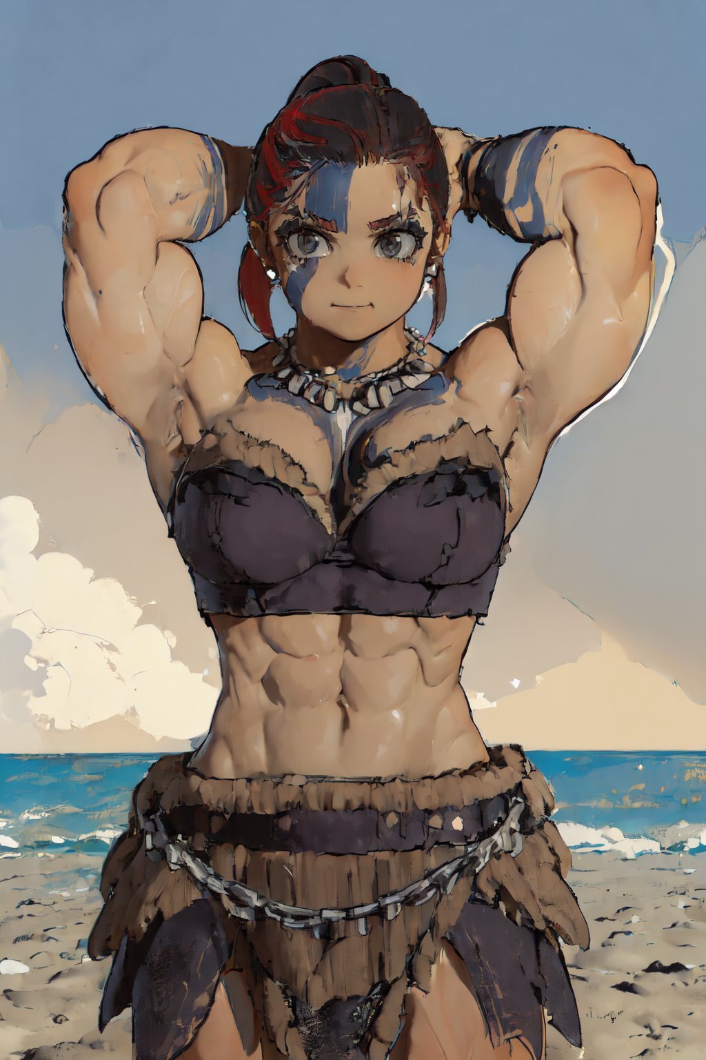 (((upper body, muscle posing, dynamic, on the beach, arms up pose:1.2)))<lora:D4FemBarbLoRA:1> fembarbarian, ponytail, tattoos, skirt, chains, top, shoes, beautiful eyes, beautiful girl, high detail skin, high detail eyes, high detail hair, highres, ultra detailed, sharpen picture, Highly detailed, masterpiece, best quality, photorealistic, smile  