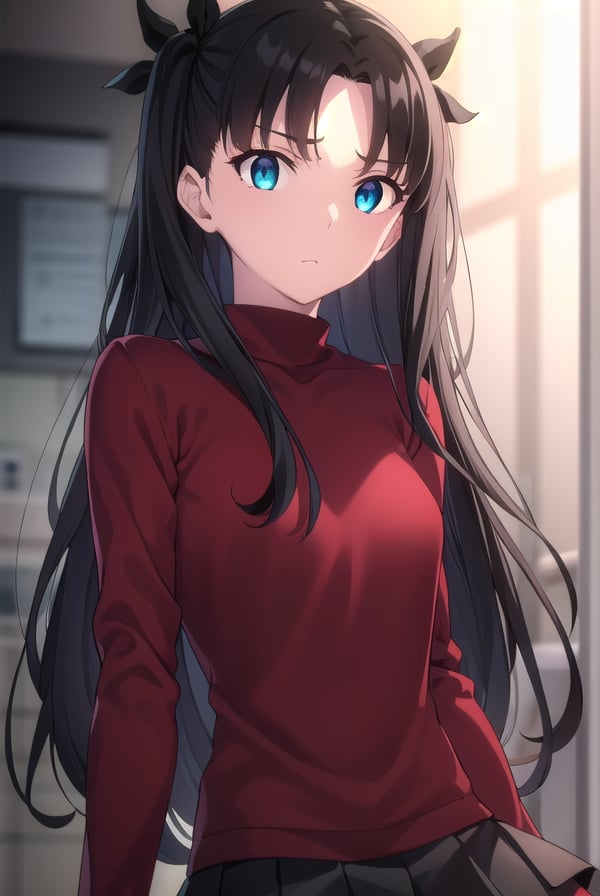 rintohsaka, <lora:rin tohsaka ubw-lora-nochekaiser:1>, rin tohsaka, aqua eyes, (black hair:1.5), hair ribbon, long hair, ribbon, sidelocks, two side up, (parted bangs:1.5),BREAK black skirt, black thighhighs, long sleeves, miniskirt, pleated skirt, red sweater, skirt, sweater, thighhighs, turtleneck,BREAK indoors, classroom,BREAK looking at viewer, (cowboy shot:1.5)BREAK <lyco:GoodHands-beta2:1>, (masterpiece:1.2), best quality, high resolution, unity 8k wallpaper, (illustration:0.8), (beautiful detailed eyes:1.6), extremely detailed face, perfect lighting, extremely detailed CG, (perfect hands, perfect anatomy),