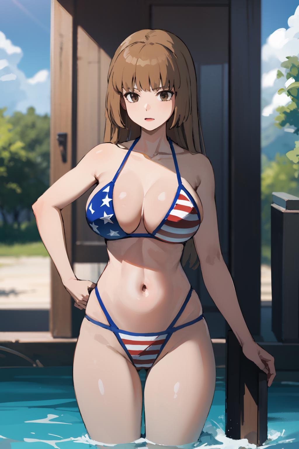 masterpiece,high quality,highres,1girl,solo,<lora:umi-rosa-v3-wasabiya:1>,umirosa,long hair,brown eyes,brown hair,blunt bangs,hime cut,large breasts,wide hips,mature female,<lora:USA-bikini-only-v1-wasabiya:1>,usabikini, bikini