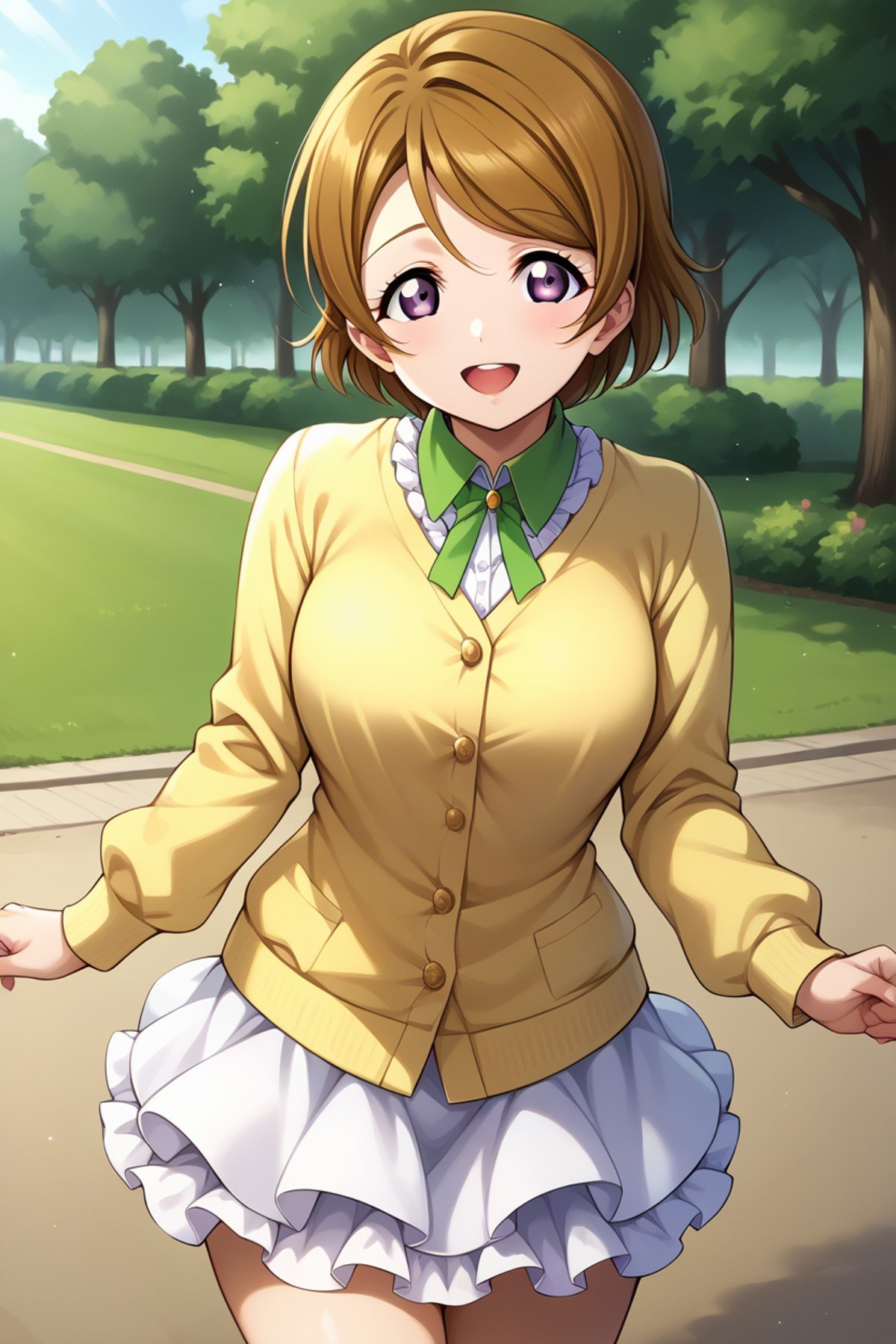 score_9, score_8_up, score_7_up, source_anime BREAK 1girl, solo, lovelive_hanayo, <lora:lovelive_hanayo:1> 150cm taller, cowboy shot, long sleeves, green frilled dress, yellow cardigan, (large breasts:0.5), brown hair, swept bangs, short hair, purple eyes, looking at you, smile, open mouth, park