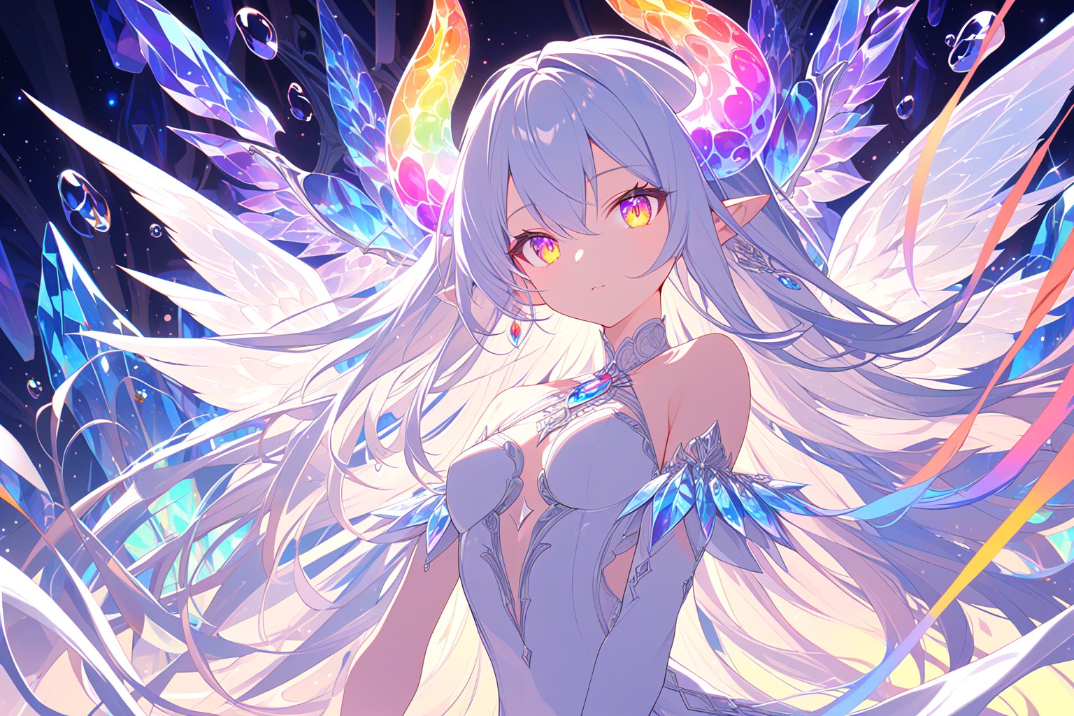 1girl,solo, portrait, upper body, close-up, eye focus,bubbles around, (lots of big colorful Bubbles:1.33), rainbow colors, colorful,iridescent long hair, iridescent horns, pointy ears,angel wings, glowing wings, alternative wings,small breasts, shapely breasts,(beautiful detailed eyes:1.1), symmetrical eyes, clean facial features, good posture,succubus, succubus demon, succubus body, demon girl, demon horns,halter dress, detailed white dress with decorations, detailed detached sleeves, jewelry, gem, crystal,beautiful art, ultra-detailed, (8k:1.1), (HDR:1.1), (sharp focus:1.1), (intricate:1.1),(beautiful and aesthetic:1.2), (very detailed background:1.1), (highly detailed background:1.1),symmetrical, octane render, 35mm, bokeh, 9:16,(intricate details:1.15), (hyperdetailed:1.15), (soft light:1.2), (sharp:1.2), detailed,(backlighting:1.1), (detailed light:1.1), detailed background, extremely detailed, highest detailed,Iridescence, depth of field, flat color, vector art, negative space, fantasy, high contrast, cinematic angle, cinematic lighting,newest, recent, masterpiece, best quality, normal quality