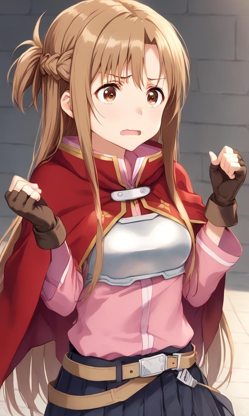 <lora:sdxl-sao-asuna-pony:0.8> asuna, sao, 1girl, solo, brown eyes, brown hair, long hair, bangs, medium breasts, french braid +++ breastplate, pink long sleeves shirt, belt,  black pleated skirt, zettai ryouiki, gray boots, fingerless gloves, red cape +++ , wavy mouth, half opened mouth