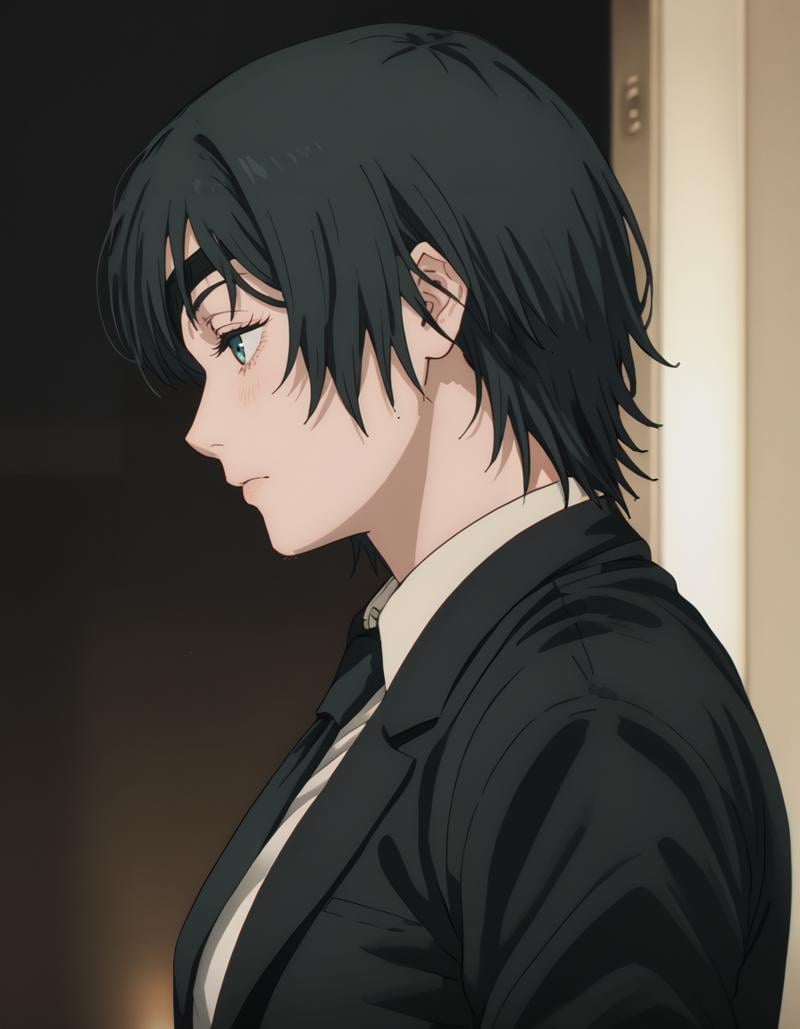 <lora:Himeno_4_Outfits:1>himeno, 1girl, black hair, eyepatch, solo, short hair, devil hunter suit, suit, tie, side view