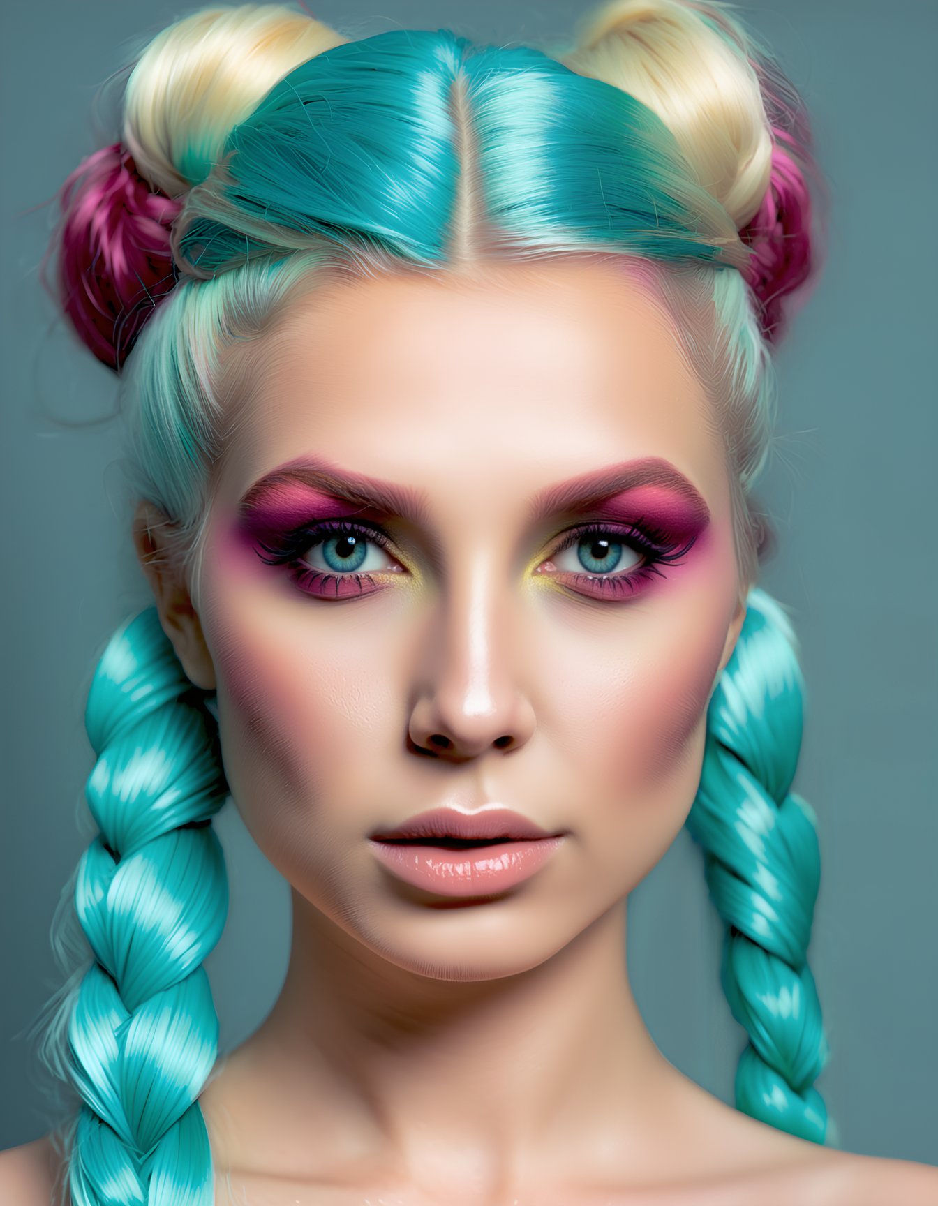 (best quality, 4k, 8k, highres, masterpiece), ultra-detailed, face makeup, woman, long hair, looking at viewer, blue eyes, simple background, blue hair, collarbone, braid, multicolored hair, hair bun, two-tone hair, twin braids, lips, double bun, aqua hair, portrait, forehead, realistic,