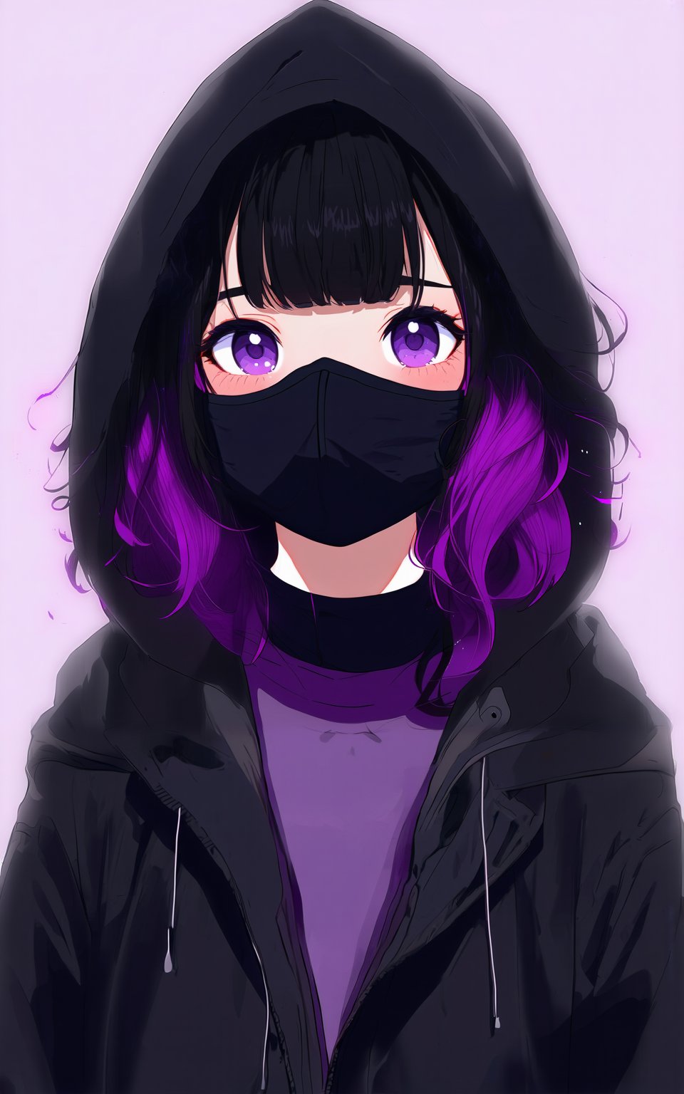 anime style, 1girl,looking at viewer,short hair,bangs,black hair,purple eyes,jacket,upper body,purple hair,dark skin,hood,dark-skinned female,black jacket,mask,hooded jacket,hood up,curly hair,mouth mask