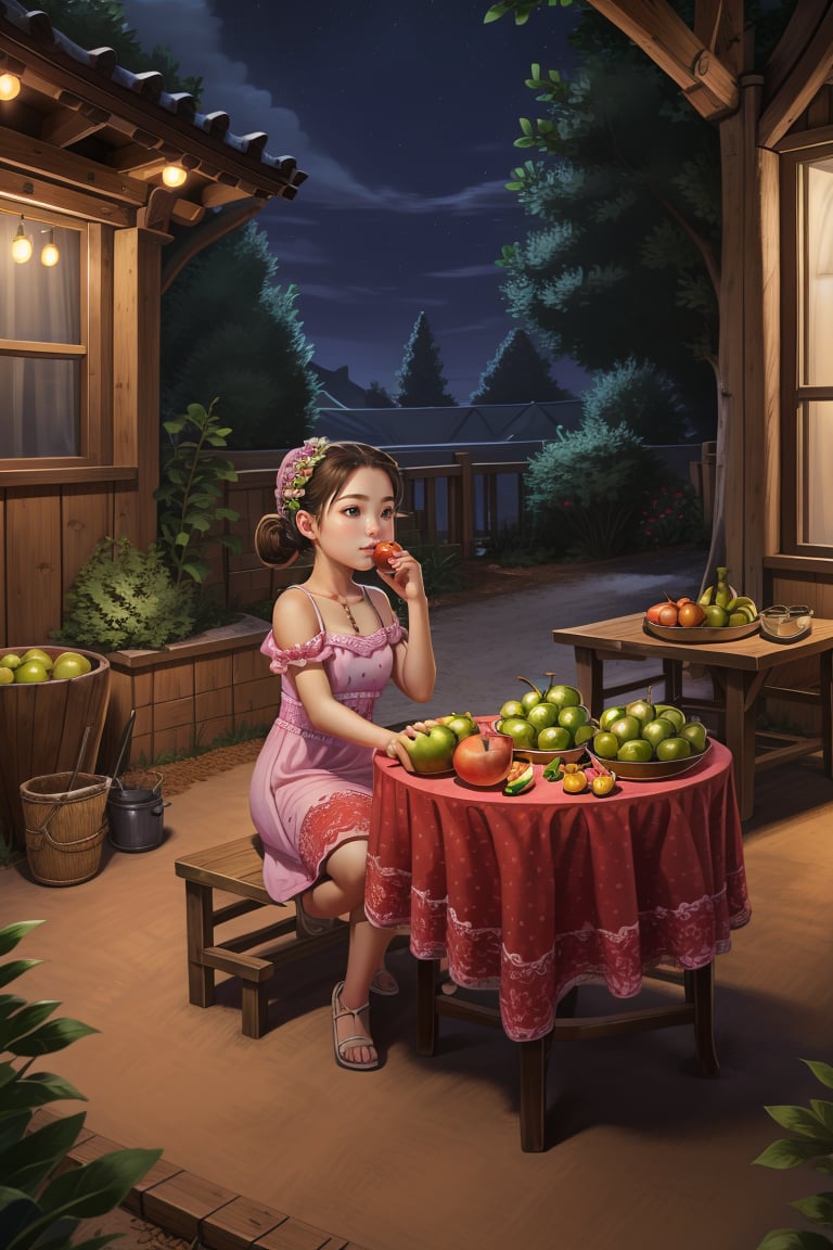 <lora:重返80年代_240816:0.8>,1girl,dress,night,cool,yard,table,fruit,