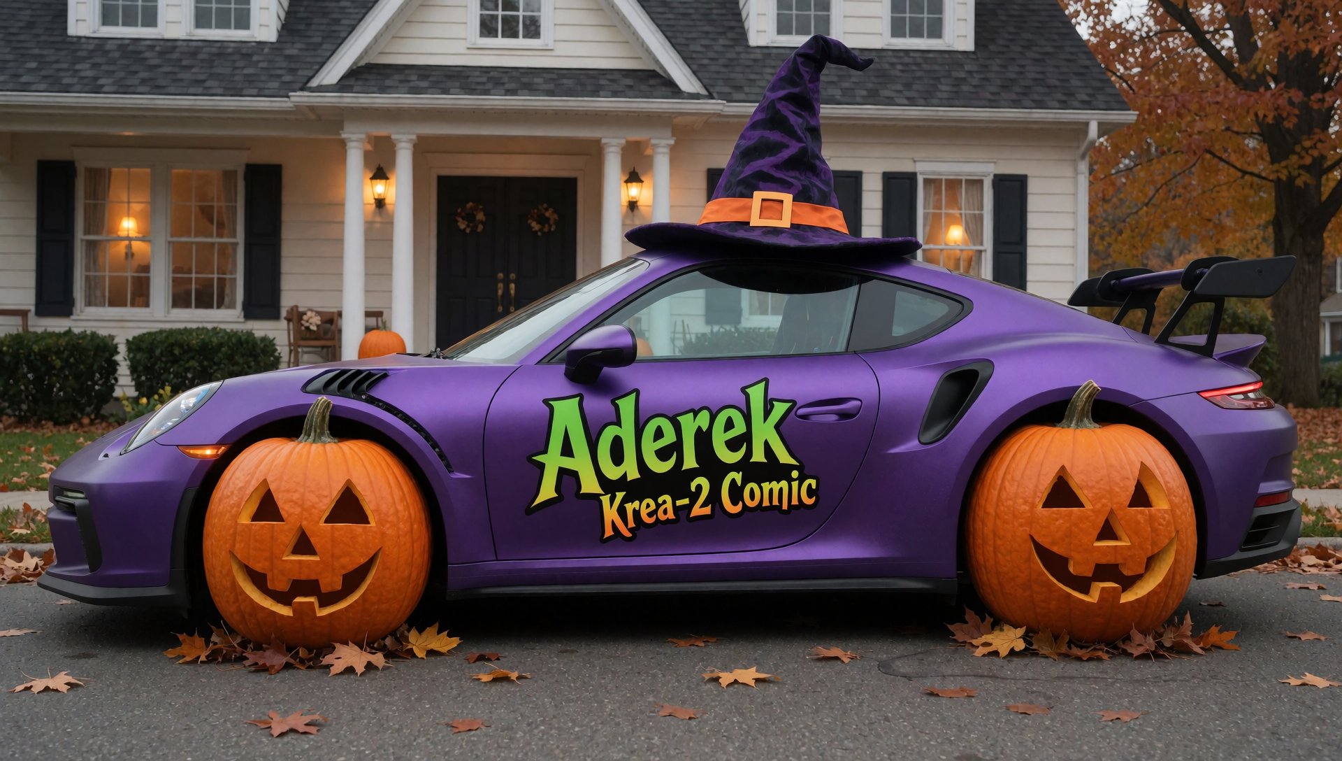 Witches sport car with pumpkin as wheels,  "Aderek Krea-2 Comic" on the door by Aderek514 on Tensor.Art