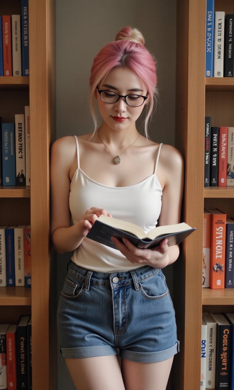 This is a real high-definition photo,This is a warm and cozy photo. In the photo, there is a woman standing between tall wooden bookshelves, dressed in a casual outfit of a white camisole and denim shorts. Her hair is a striking blend of pink and white, tied up in a loose bun with a few strands falling around her face. She wears a pair of stylish glasses that frame her focused eyes as she reads a book, completely absorbed in its pages. Her fingers lightly trace the lines on the page, and her lips curl into a faint smile, suggesting she is enjoying a delightful story. The soft lighting of the bookstore casts gentle shadows, and the shelves around her are filled with colorful books, creating an intimate and inviting atmosphere.