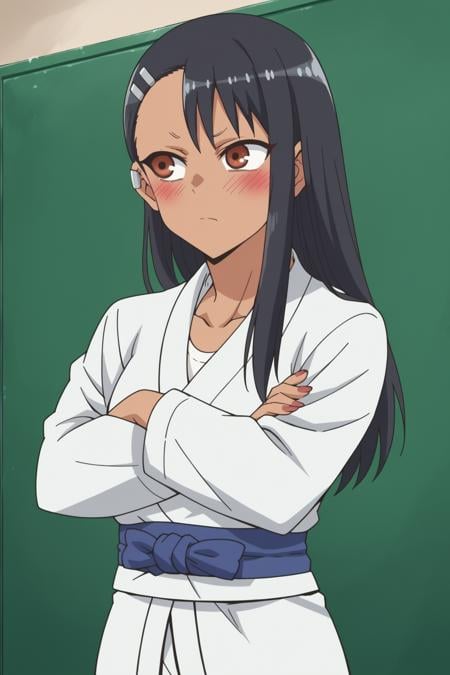 score_9, score_8_up, score_7_up, source_anime, <lora:nagatoro-multi-outfit_epoch_8:1> nagatoro hayase, outfit-judo, bangs, crossed arms, blush, dark-skinned female, dougi, solo, black hair, 1girl, closed mouth, dark skin, asymmetrical bangs, brown eyes, long hair, collarbone, cowboy shot, looking away, 