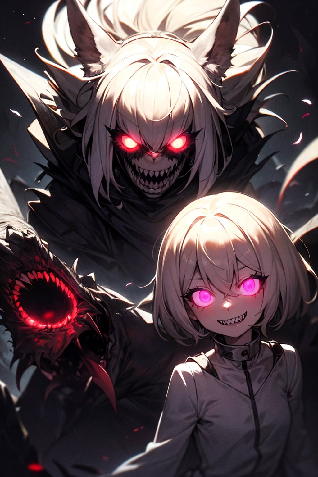 masterpiece,best quality,ultra high res,1girl,(glowing_eyes:1.2),evil_smile,fangs,sharp teeth,A loyal guard dog who protects his owner and the family property with his life.,Platinum Blonde theme,Front view,<lora:复仇之眼-v2:0.3>,Overhead,horror film,