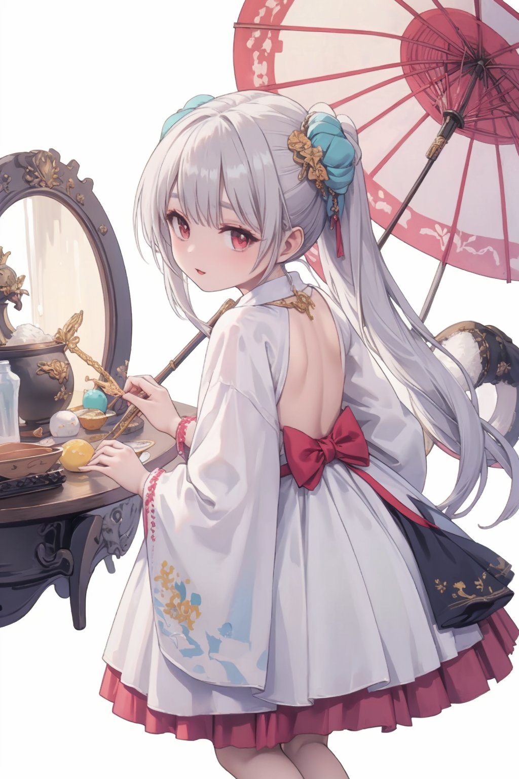 ((masterpiece)),((best quality)),((official art)),(extremely detailed CG unity 8k wallpaper),((highly detailed)),((illustration)),(from the Side below),full body,((an extremely delicate and beautiful girl with silver long hair and scrunchie)),looking to the side,(solo:1.4),(wearing light cyan hanfu with gold silk thread-like pattern ),puffy long cyan sleeves,(waist hangs a delicate round jade pendant and a white scabbard),holding oil-paper umbrella,dryzzle,(stand at the lively bazaar),masterpiece,best quality,masterpiece,best quality,(silver hair),(long hair),(red eyes),(long high ponytails),((1girl)),solo,