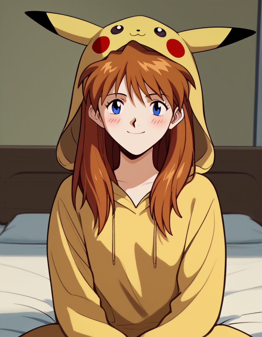 score_9, score_8_up, score_7_up, source_anime, asukalangleysoryu, <lora:asuka-langley-soryuu-classic-ponyxl-lora-nochekaiser:1>, asuka langley soryu, long hair, bangs, blue eyes, brown hair, hair ornament,, <lora:pikachu-cosplay-ponyxl-lora-nochekaiser:1>, pikachucosplay, pikachu \(pikachu\), character print, hood, hoodie, yellow hoodie,, bed, bed room, smile, blush, wariza, sitting,, cowboy shot, dutch angle, solo,