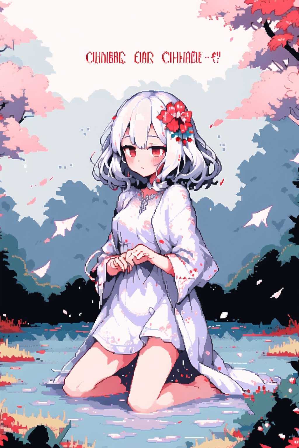 1girl,red eyes,white long translucent night gown,expressionless,(white hair:1.2),hair cover one eye,long hair,red hair flower,kneeling on lake,blood,(plenty of red petals:1.25),(white background:1.3),(English text),<lora:Pixel Art1.1:0.8>,