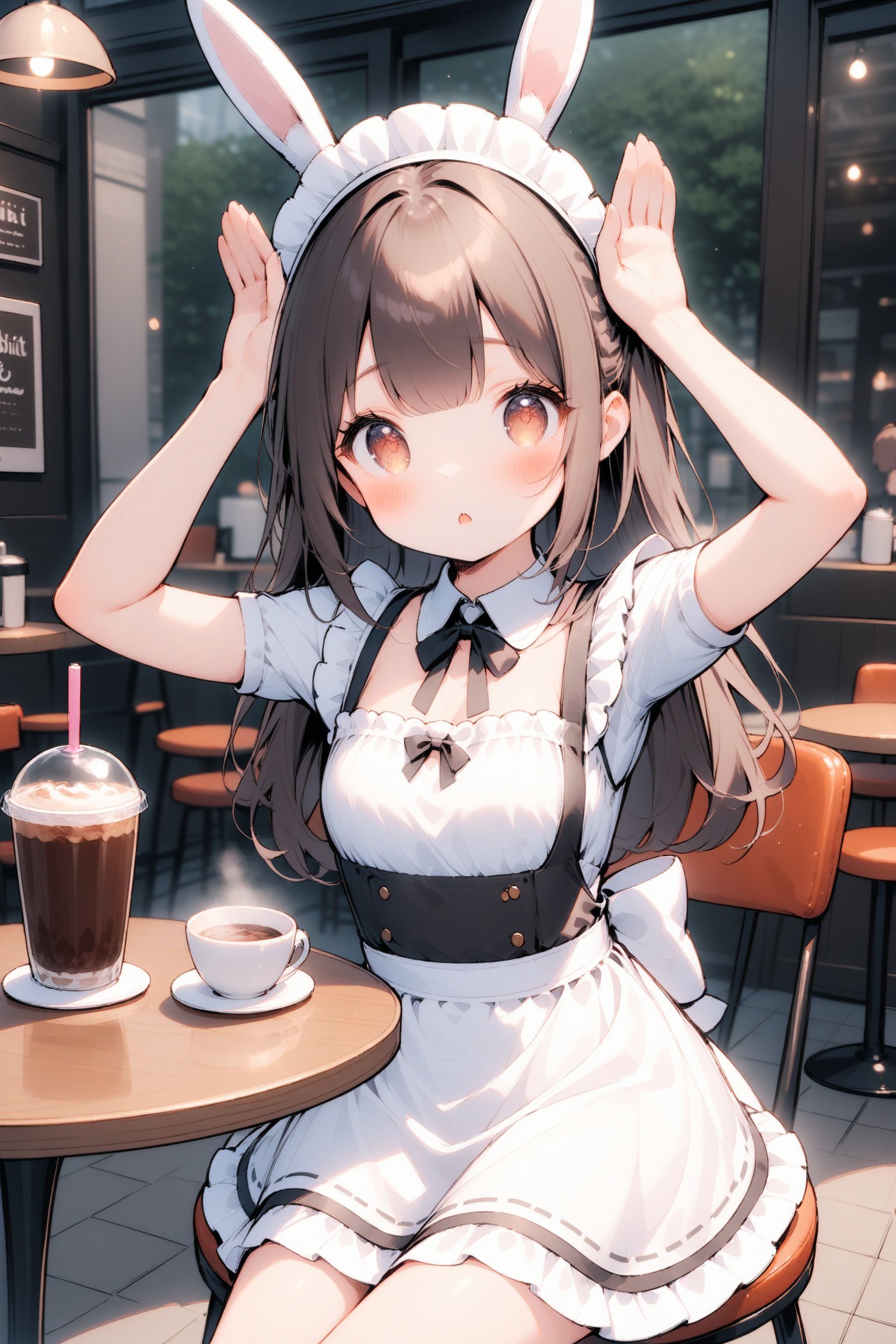 cocoart,1girl,detailed eyes,cocoa\(drink\),table,chair,sit, maid dress,dark brown hair,long hair,coffee shop,brown eyes, blush,rabbit ears,rabbit pose,arm up