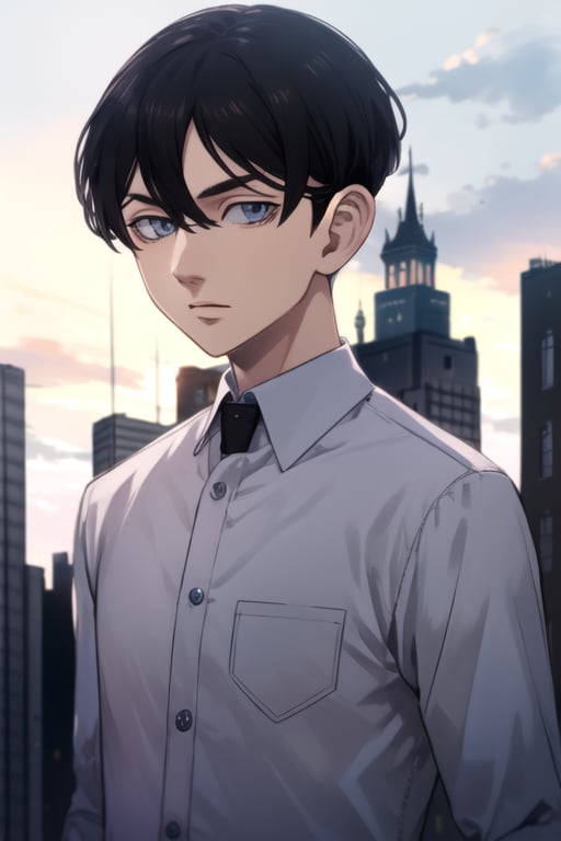 (best quality:1.1), (masterpiece:1.4), , , upper body, , ligne claire, realistic, 1boy, solo, male focus, <lora:naoto_tachibana:0.96>, naoto_tachibana, black hair, grey eyes, short hair, shirt, , tower,