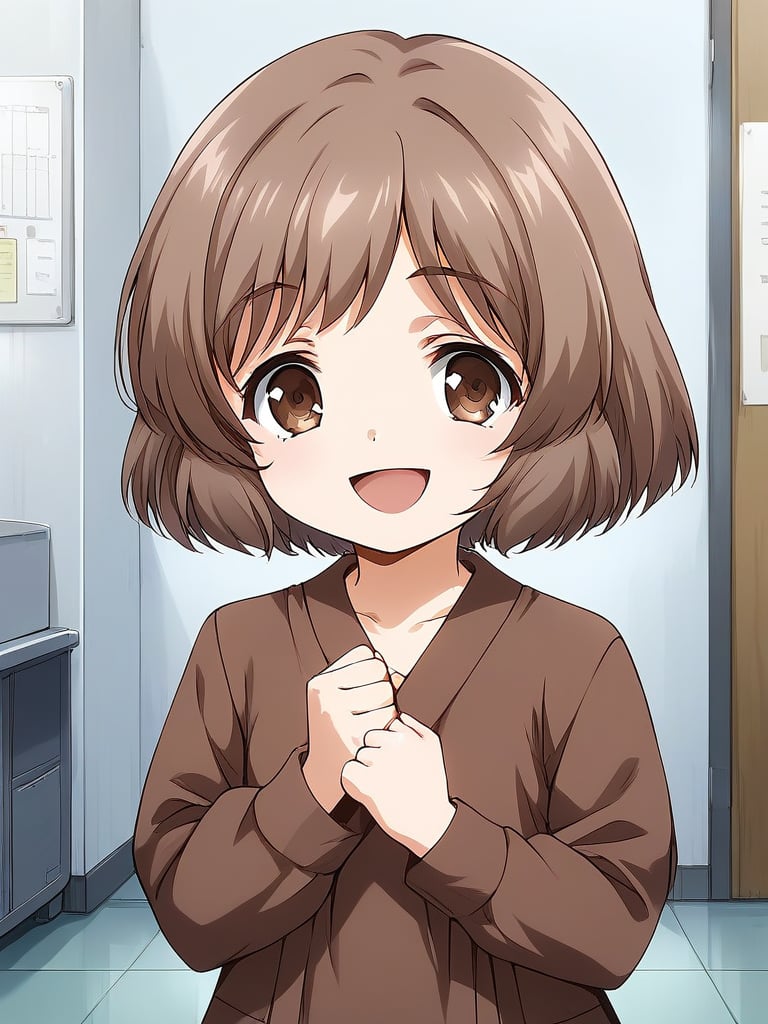 score_9, score_8_up, score_7_up, source_anime, rating_explicit, BREAK  <lora:Amatsuka_Sakura_Ver2.0_XL:1> AmatsukaSakura, brown hair, short hair, brown eyes, bangs, no hat, chibi, smile,1girl, solo, smile, open mouth, looking at viewer, :d, clenched hands, indoors,  upper body, long sleeve, brown dress,room, flooring,