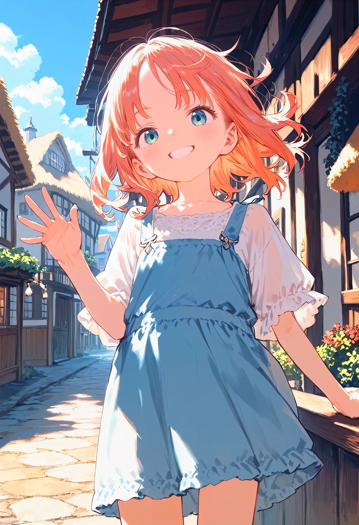 score_9, score_8_up, score_7_up, source_anime,hires,1girl,  looking at viewer, smile,  waving, floating hair, cowboy shot,  detailed background, in countryside town,