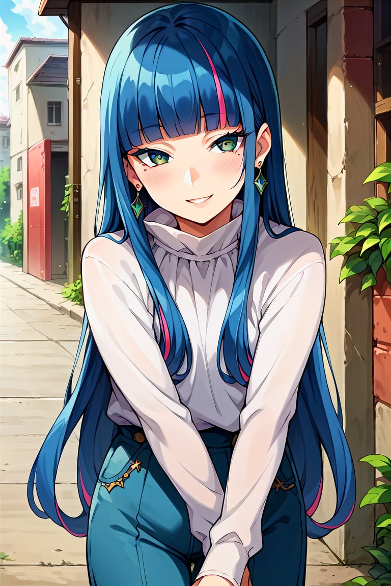 score_9, score_8_up, score_7_up, score_6_up, score_5_up, score_4_up, rating_questionable, , source_anime, digital illustration, pixiv, fanbox, uncensored, , BREAK, official art,1girl, solo, female, eida, blue hair, blunt bangs, colored colored inner hair, long hair, earrings, long sidelocks,white shirt, long sleeves, jewelry, outdoors, light smile, blush, cowboy shot, looking at viewer, colorful, vivid   <lora:Eida_Pony-10:0.8>