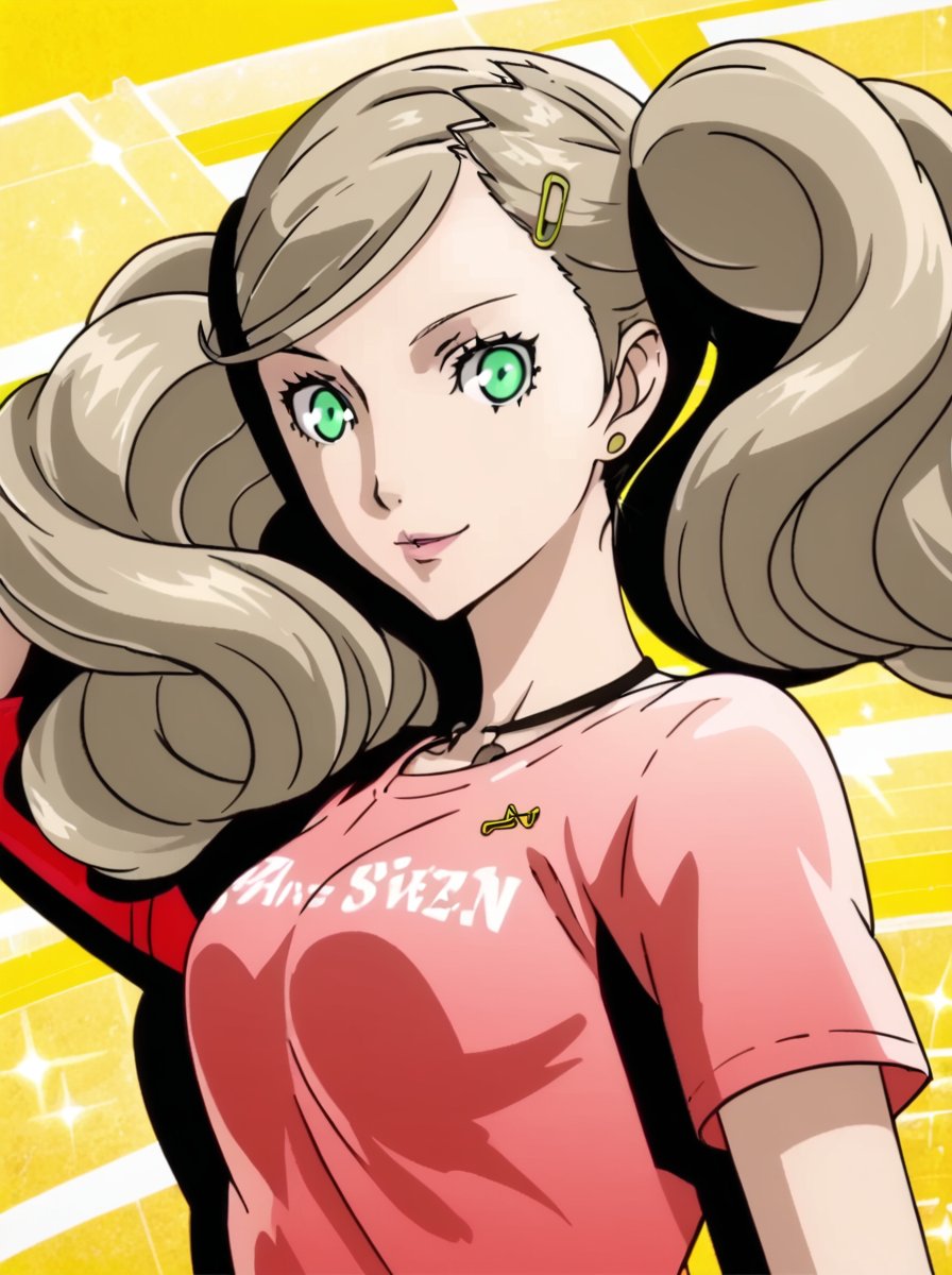 detailed background, shiny skin, <lora:persona5.pony:1>,persona5, ann,large breasts, casual clothing, 