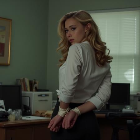 cinematic shot,  cute 20yo woman,  wavy blonde hair, blue eyes, freckles,  office, secretary, shirt, stockings, arms behind back, bound wrists, h4ndstiedbehind, wrists crossed, looking back