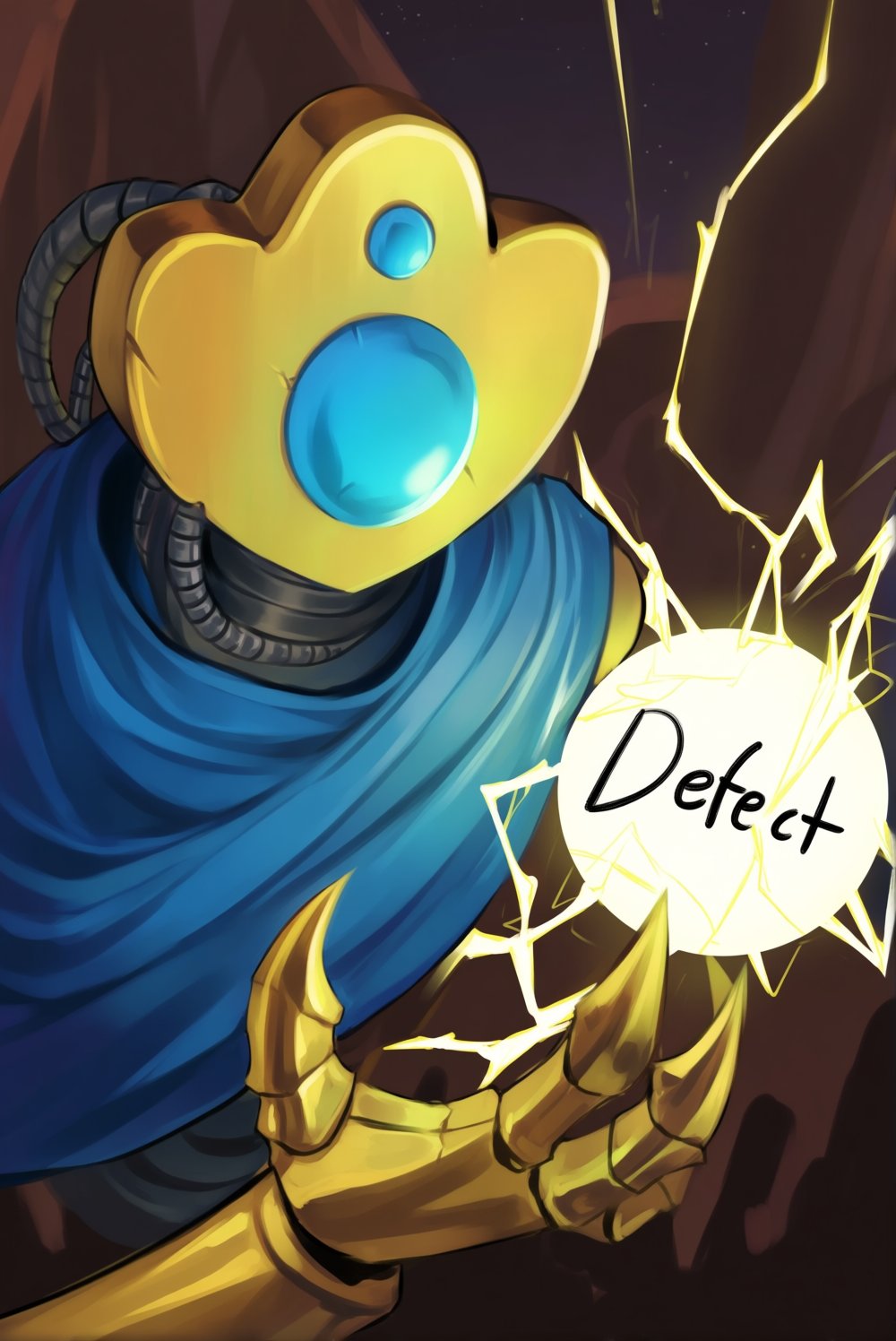 A close-up shot captures DefectSP an anthropomorphic robot with a metallic,  golden-brown head,  defined by a rounded by D...