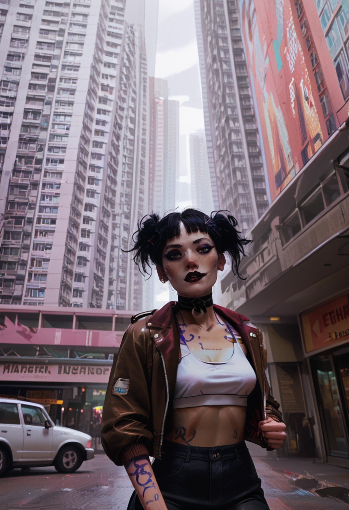 score_9, score_8_up, score_7_up, 1girl, crop top, bomber jacket, city, building, tattoo, looking at viewer, adult female, <lora:the_wintess:1>, w1tn3ss