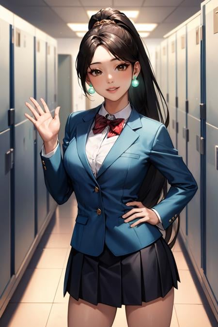 masterpiece, best quality, 1girl,  <lora:valorantsage-nvwls-v1-000009:0.9> valorantSage, ponytail, earrings, blazer, pleated skirt, red bowtie, hallway, smile, waving, lockers, looking at viewer, hand on hip