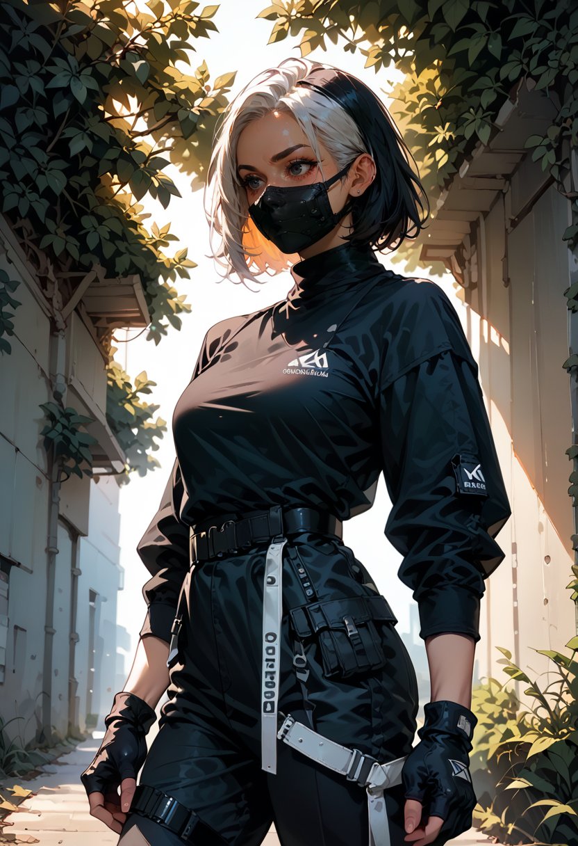 (score_9, score_8_up), score_7_up, zPDXL, 1girl, solo, shirt, black hair, gloves, long sleeves, standing, white hair, multicolored hair, cowboy shot, outdoors, black gloves, belt, pants, fingerless gloves, medium hair, black eyes, two-tone hair, black shirt, mask, blurry background, black pants, black belt, mouth mask  <lora:dark_techwear-000016:0.6>