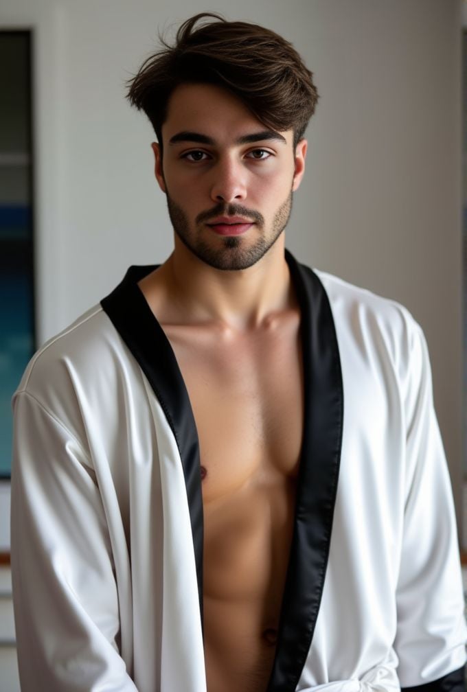 Jules Bouyer ,  waking towards the camera wearing a satin white robe with black border,  robe opening showing full body by...