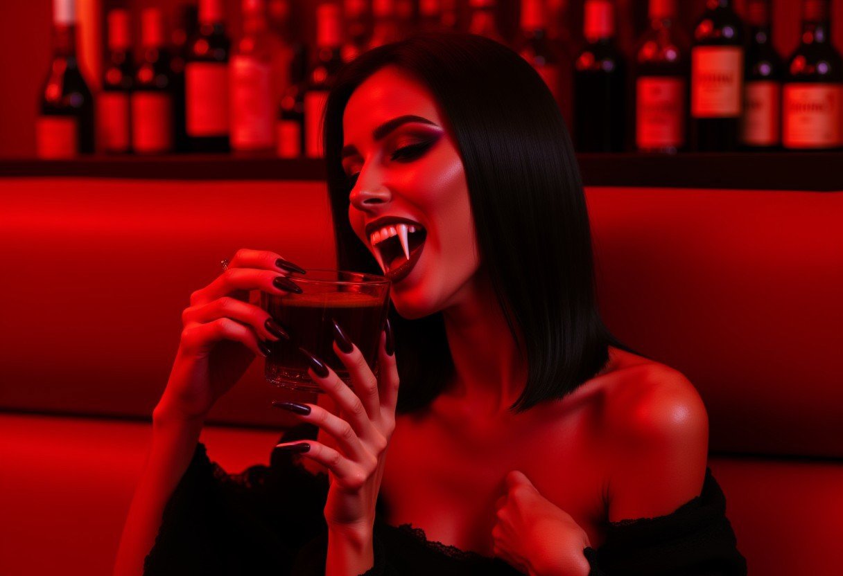 Vampyfangs1. A black haired vampire woman with fangs sits on a red couch drinking a red cocktail. She's at a red themed bar. Dramatic lighting. Noir.