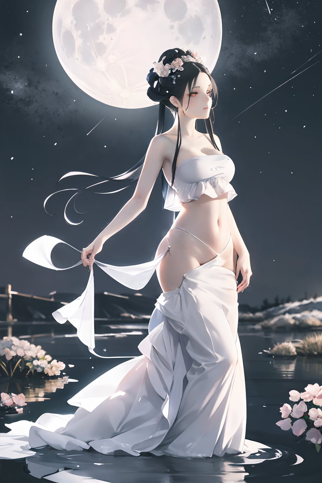 1girl,clear face,hyperdetail,huge breasts,navel,standing,(outdoors:1.2),black hair,profile,realistic,solo,<lora:handudou_lbc:0.8>,high quality,masterpiece,BREAK((moon)),starry sky,(lighting particle),fog,snow,(bloom),(water bloom),(delicate glow),(breeze),long Flowers meadow,