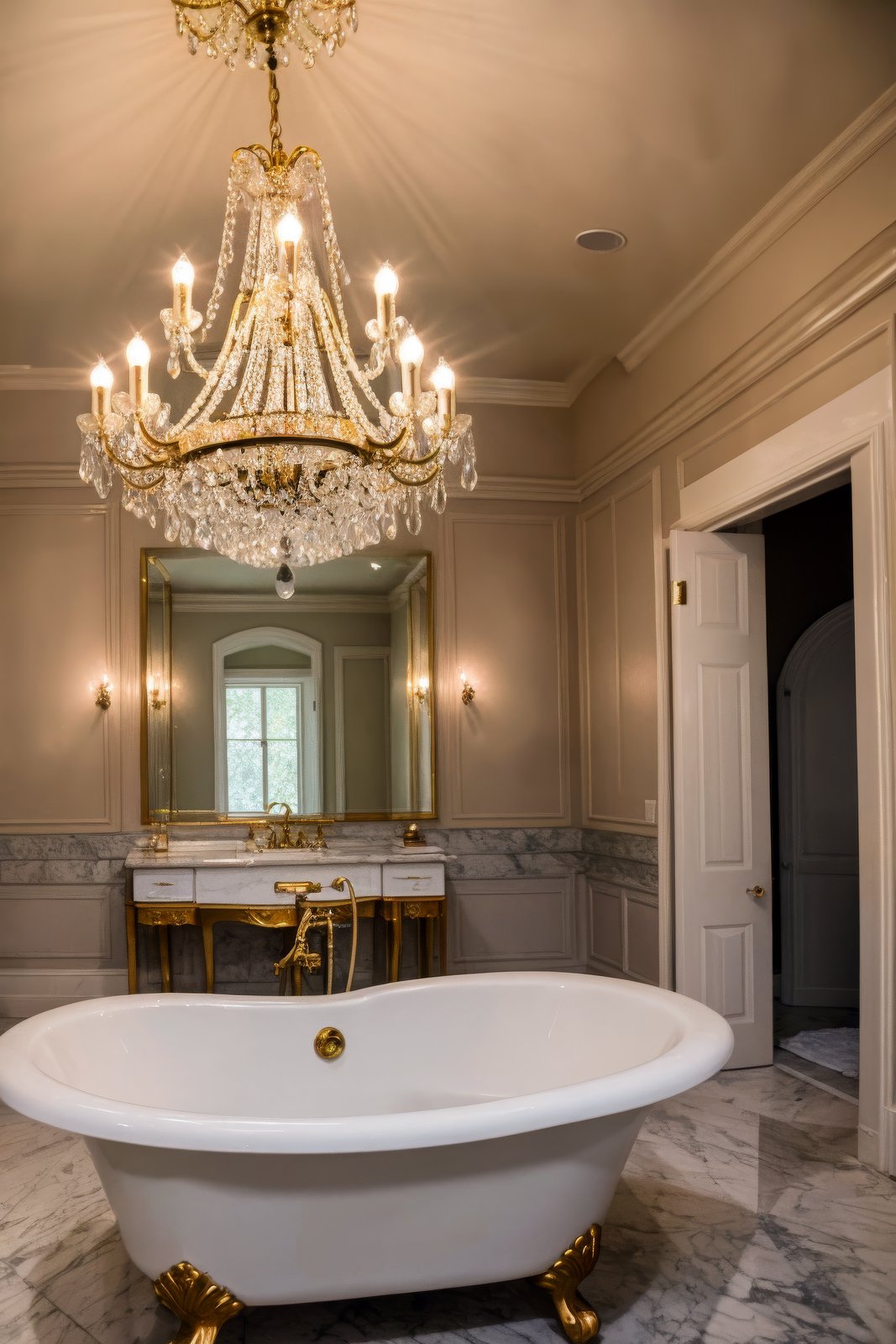 High detail RAW color photo professional photograph of a a glamorous bathroom with a chandelier and a freestanding tub, (realistic, highly detailed), shot on Canon EOS 5D Mark IV DSLR Camera